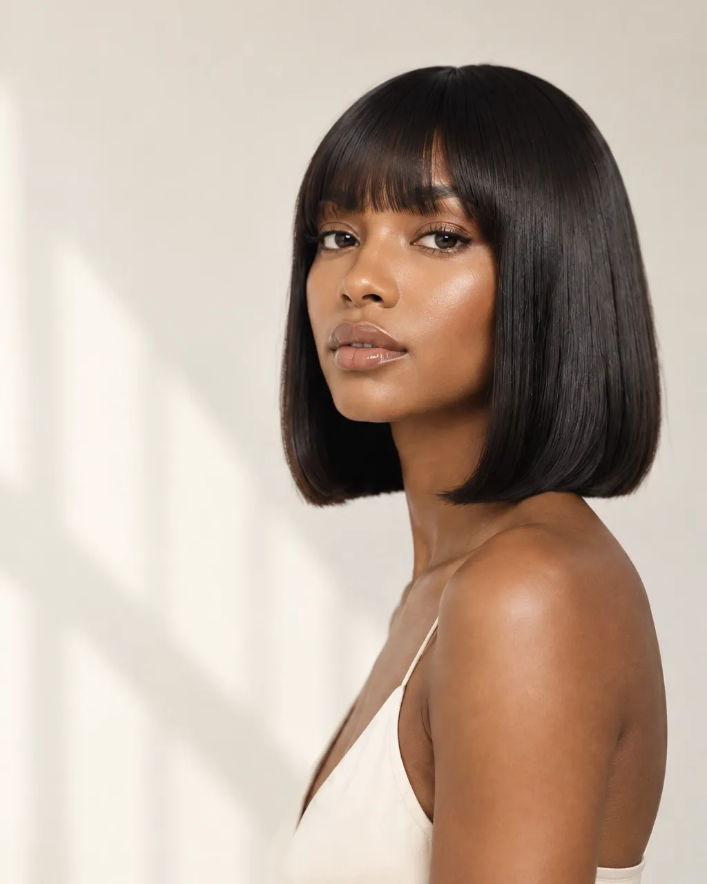 Model wearing a sleek black bob wig with soft bangs